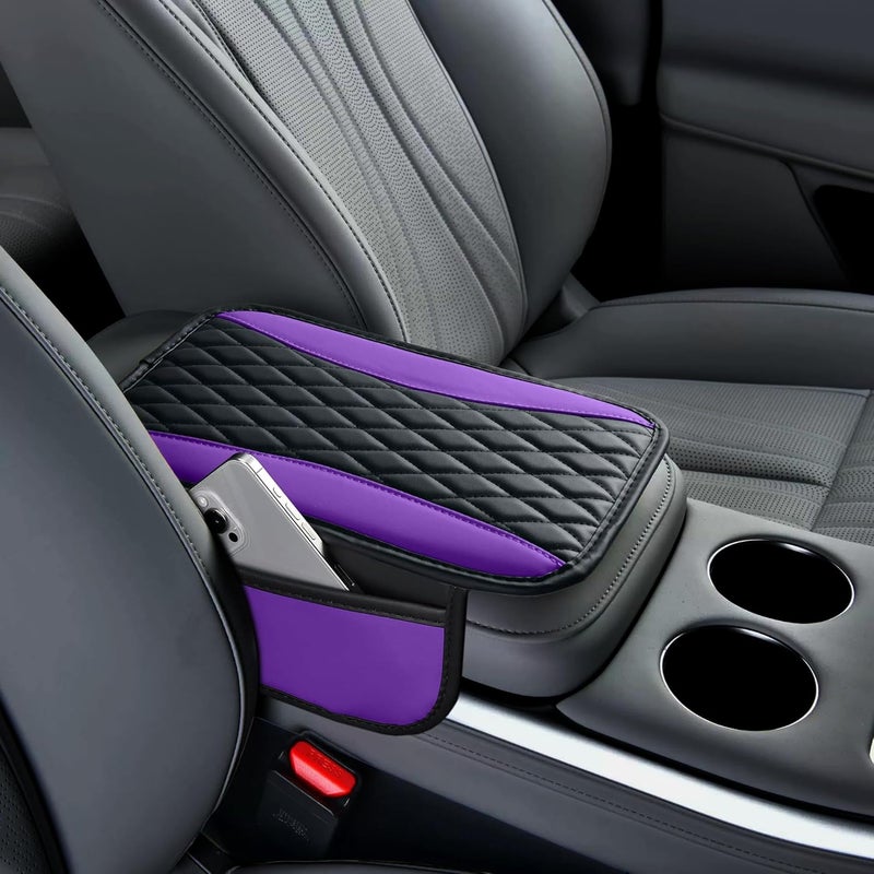 Tioollev Patchwork Leather Car Center Console Cover,Microfiber Leather Vehicle Armrest Protector Cushion with 2 Storage Bags,Universal Cars Armrest Cushion for SUV, Sedan, Truck (Purple) - Image 5